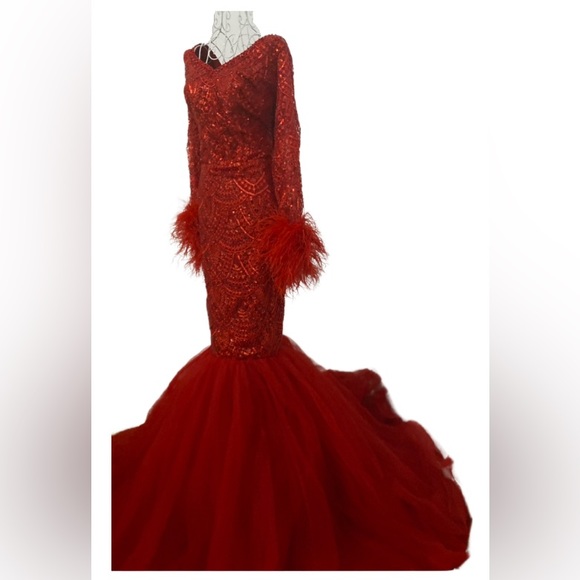 Detailed Red Mermaid Dress with Feather Sleeve - Picture 3 of 5